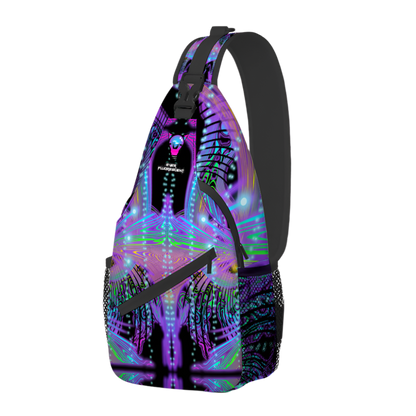 Sling bag with colorful abstract design on a white background