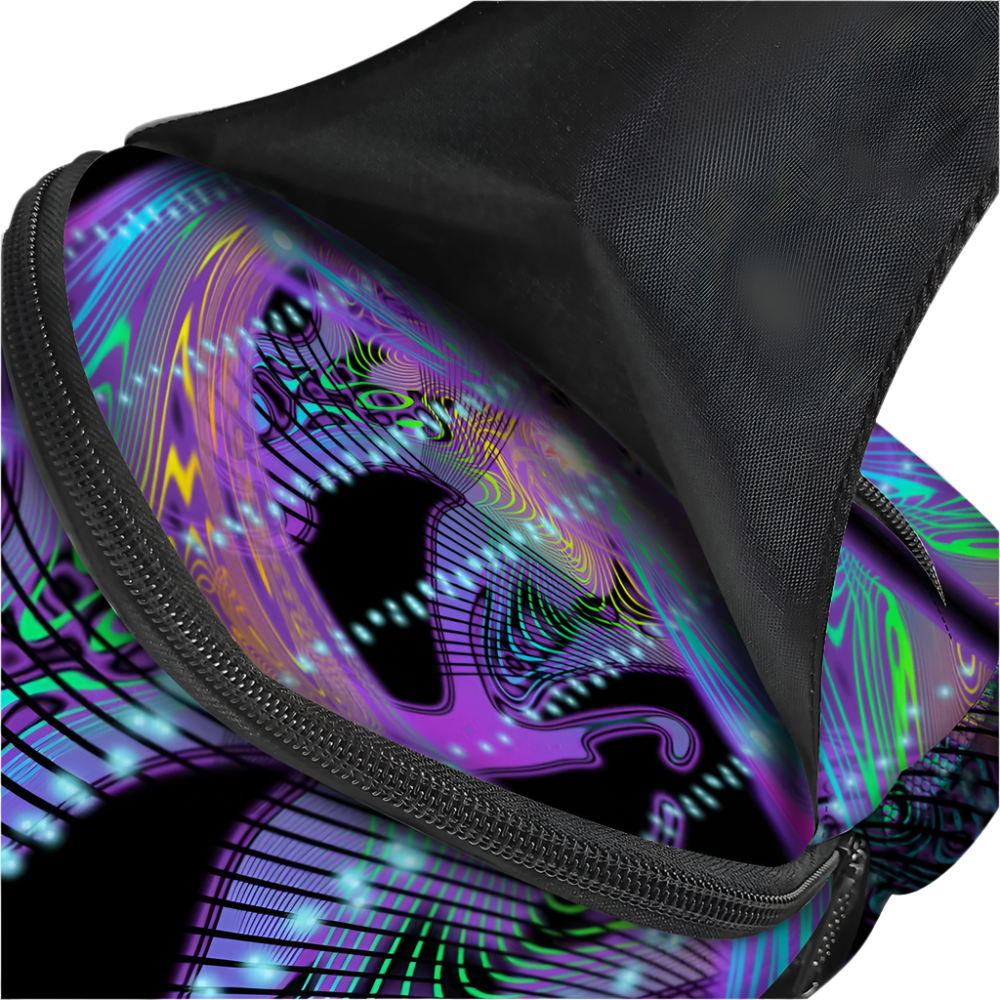 Black bag with a colorful, abstract design on a white background