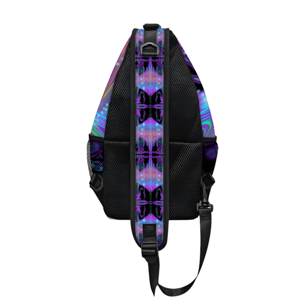Backpack with a colorful geometric pattern on a white background