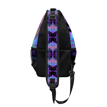 Backpack with a colorful geometric pattern on a white background
