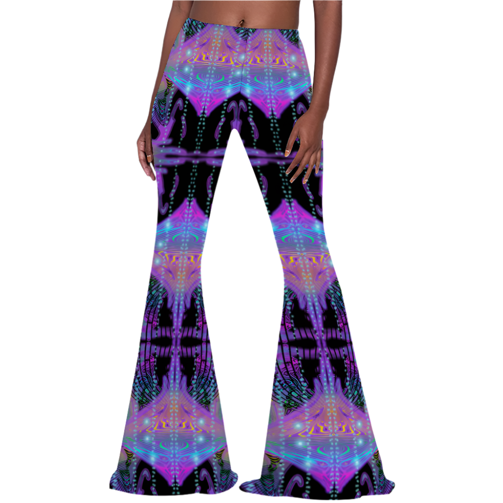 Flared pants with a vibrant, multicolored pattern on a white background
