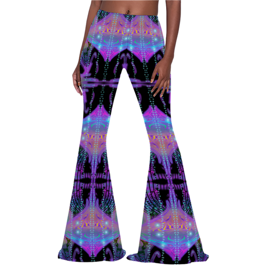 Flared pants with a vibrant, multicolored pattern on a white background
