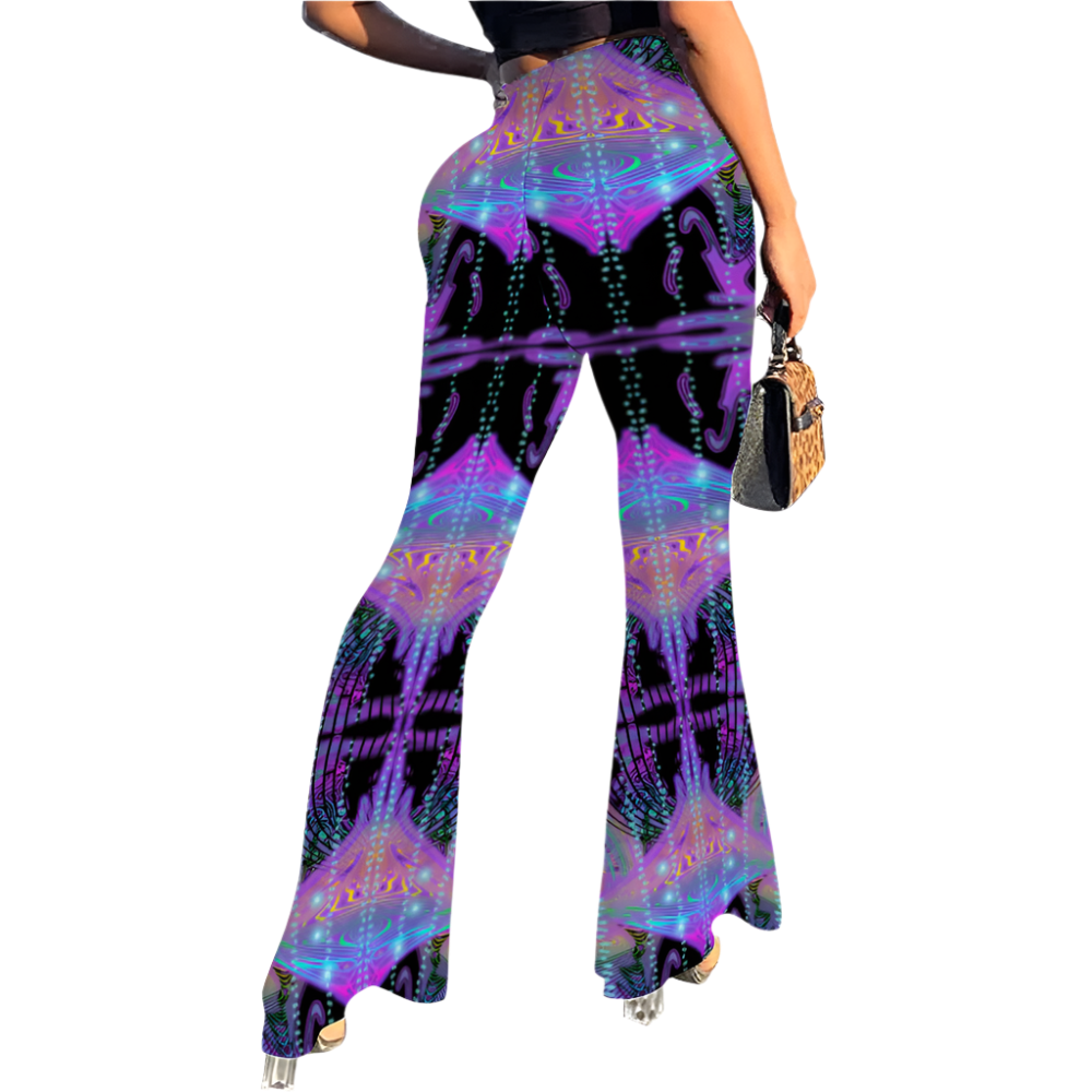 Colorful patterned pants worn by a person on a white background