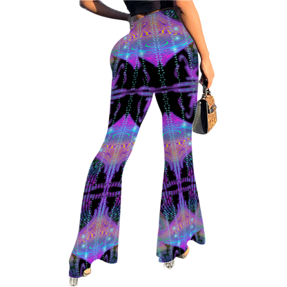 Colorful patterned pants worn by a person on a white background