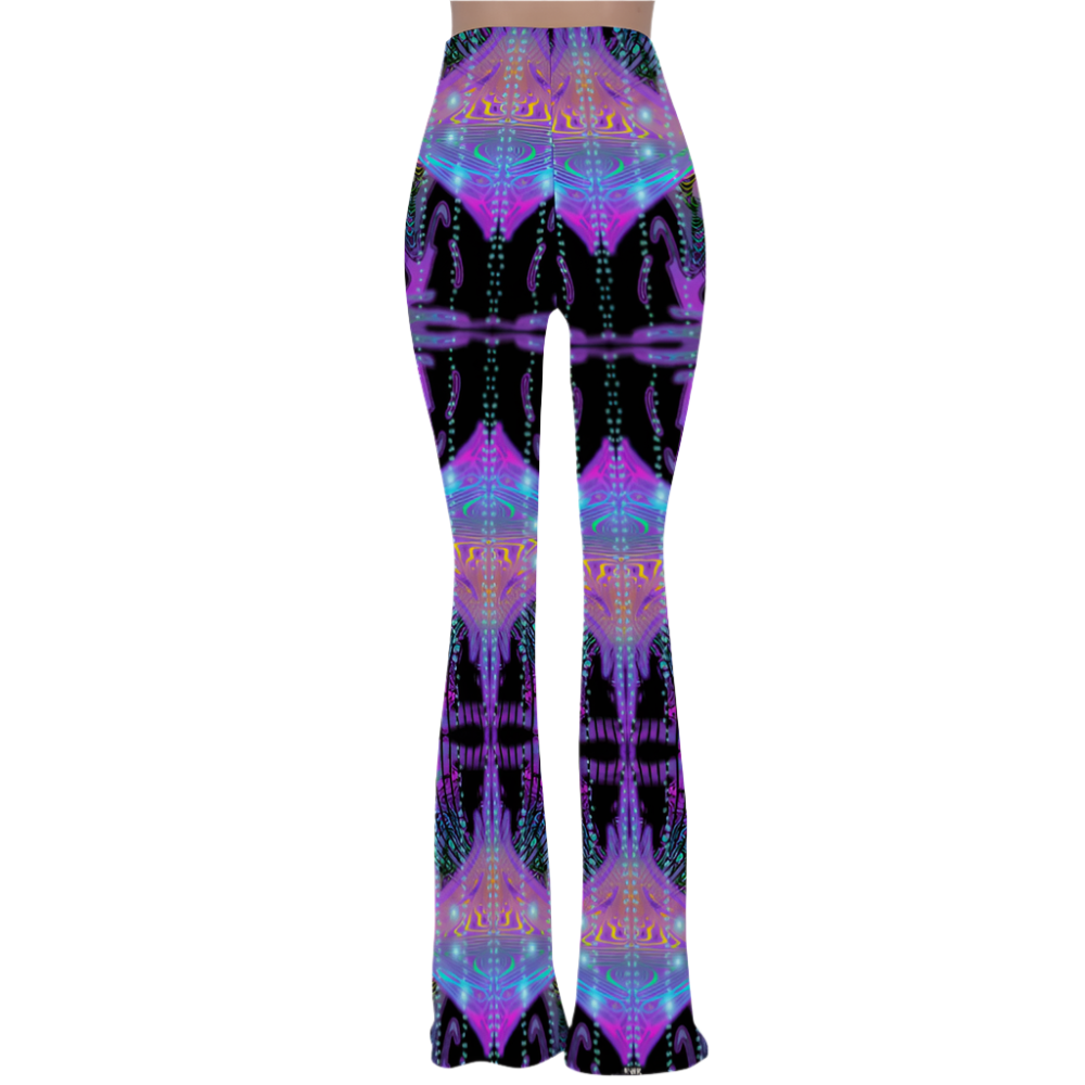 Flared pants with a vibrant, abstract pattern on a white background