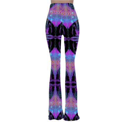 Flared pants with a vibrant, abstract pattern on a white background